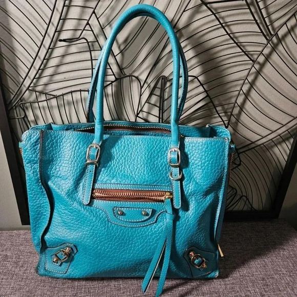 Gorgeous Turquoise Moto Genuine Leather Made in Italy Tote Bag - Picture 16 of 16